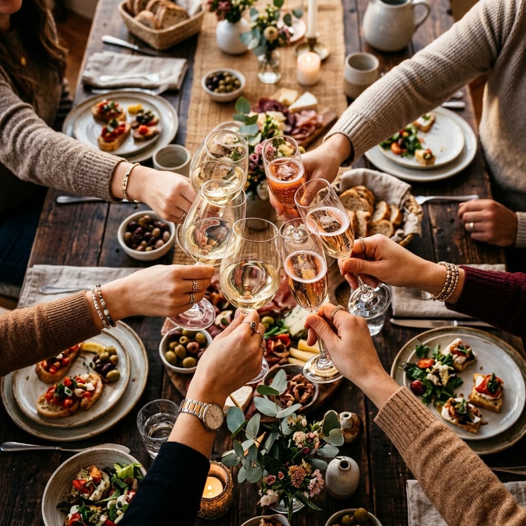Mãos de amigos brindando com taças de vinho e champanhe sobre uma mesa de comemoração, sem mostrar os rostos